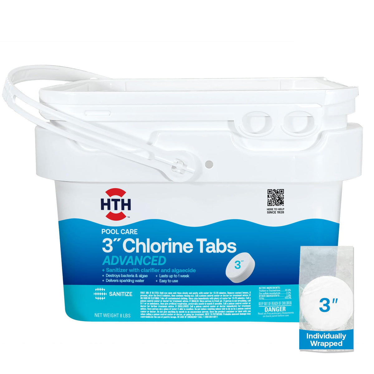 HTH 42053W chlorine tabs closeup showing compact, individually wrapped sanitizing power.