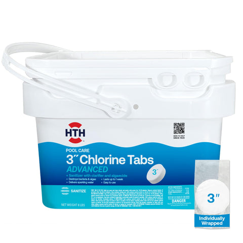 HTH 42053W chlorine tabs closeup showing compact, individually wrapped sanitizing power.