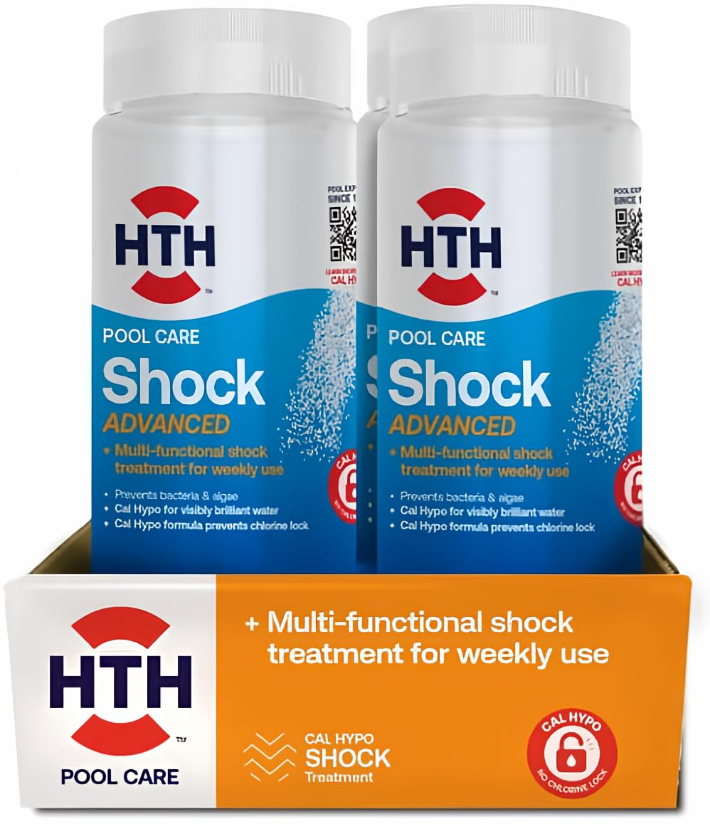 HTH 52043 Pool Care Shock Advanced front label highlights 4-in-1 formula for quick sanitization.