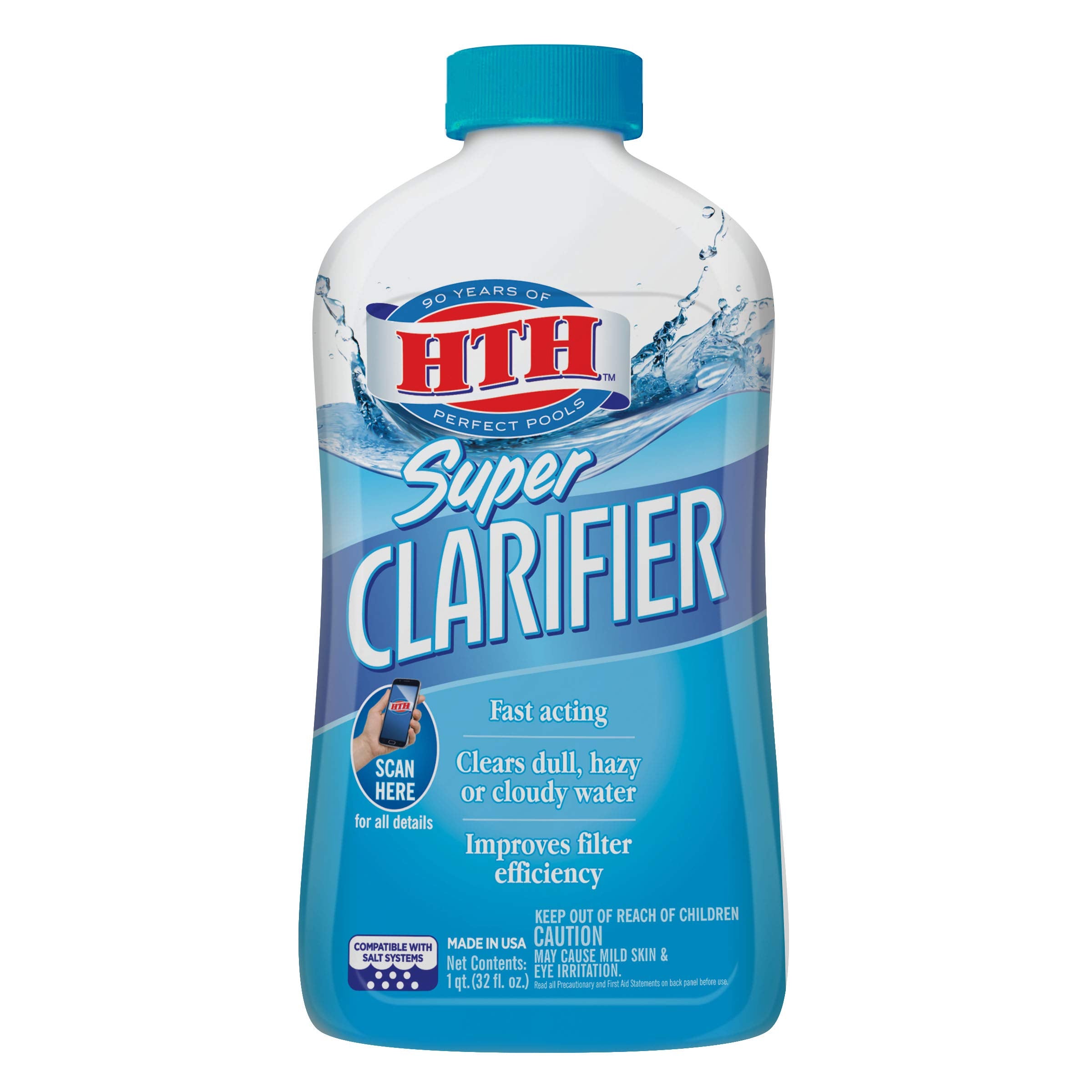 HTH 67023 Super Clarifier bottle showing 32 oz size for pool clarity