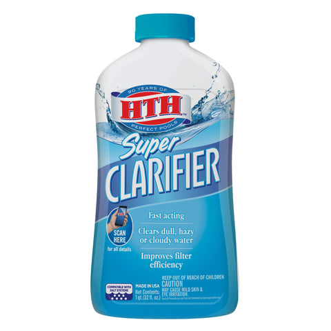 HTH 67023 Super Clarifier bottle showing 32 oz size for pool clarity