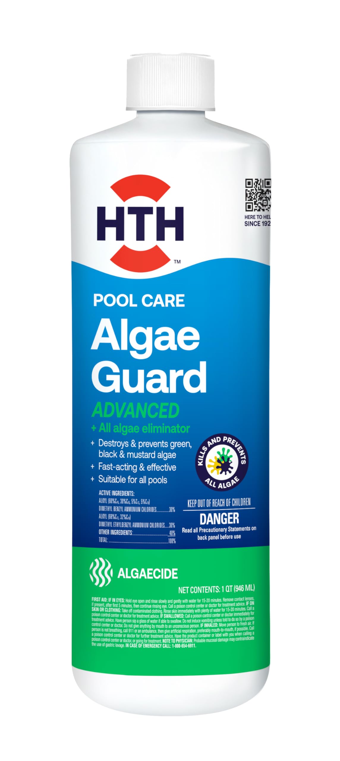 HTH Algae Guard Advanced 32oz bottle provides fast algae control for crystal-clear pool water.