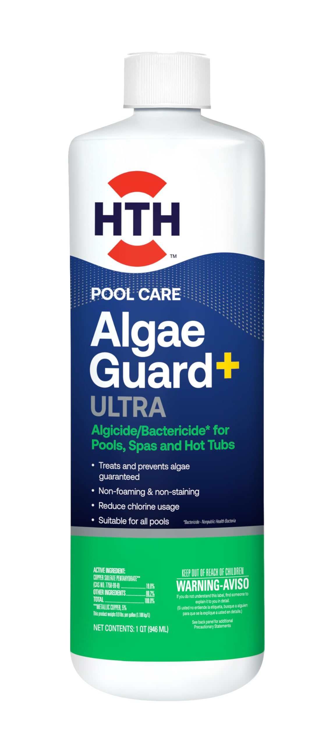 HTH Algae Guard Ultra bottle close-up showing strong algae control for pools