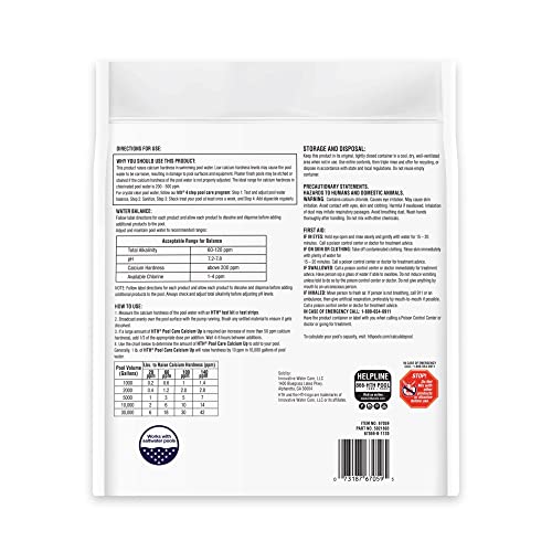 HTH Calcium Hardness Up bottle label close-up highlights product information for pool care.