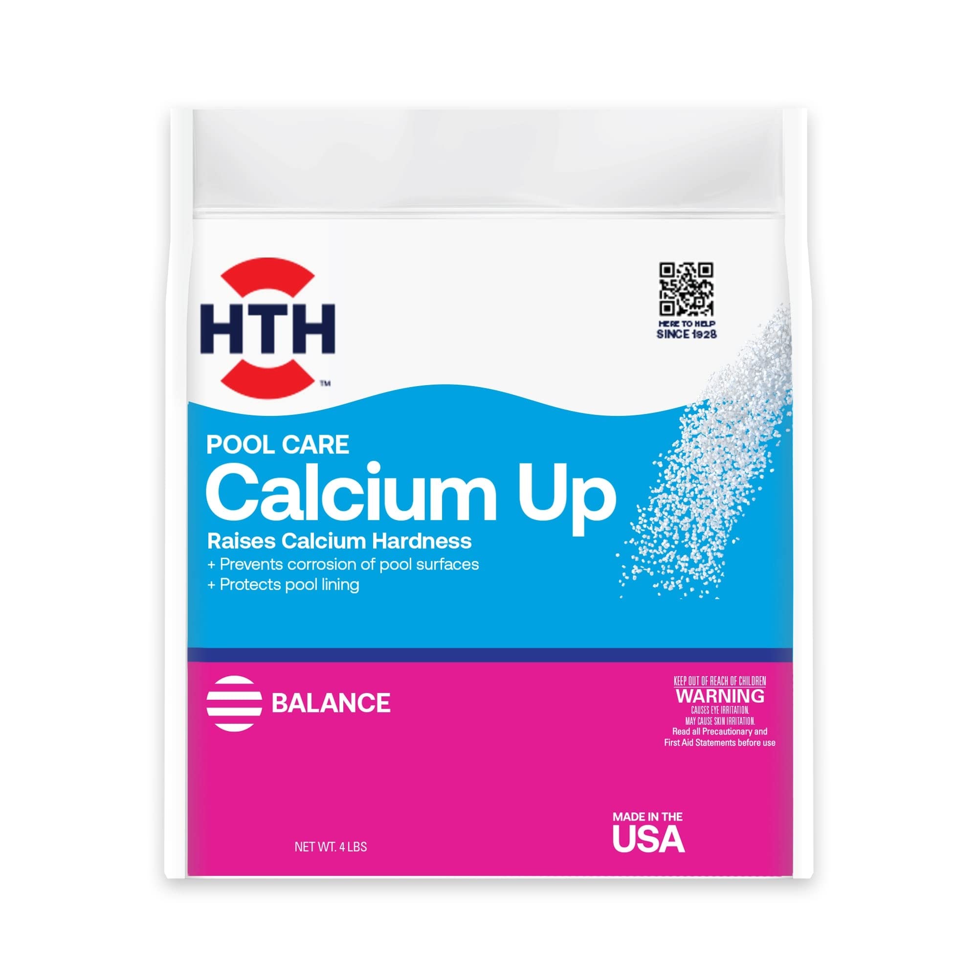HTH Calcium Hardness Up bottle pour shows easy dosing to protect pool surfaces.