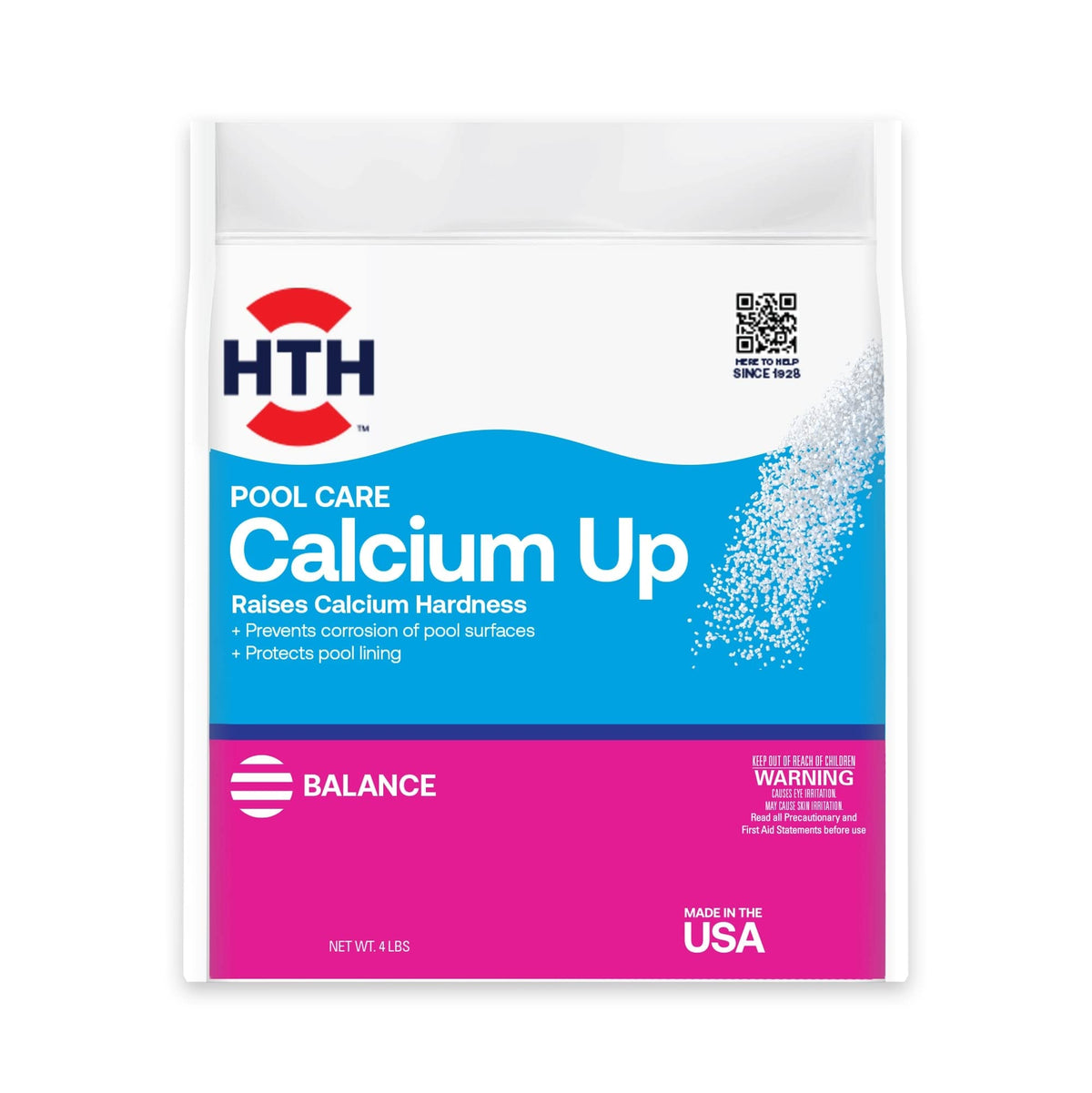 HTH Calcium Hardness Up bottle pour shows easy dosing to protect pool surfaces.