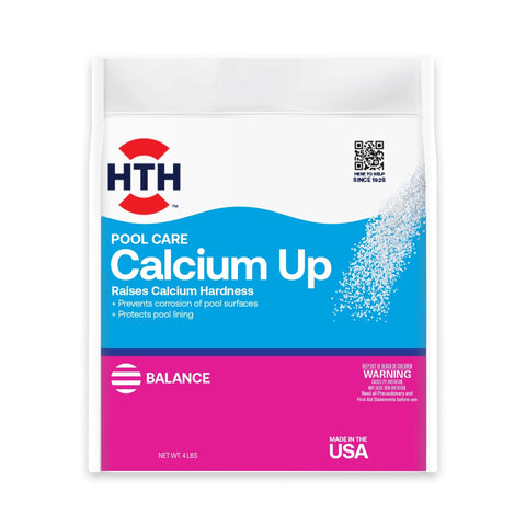 HTH Calcium Hardness Up bottle pour shows easy dosing to protect pool surfaces.