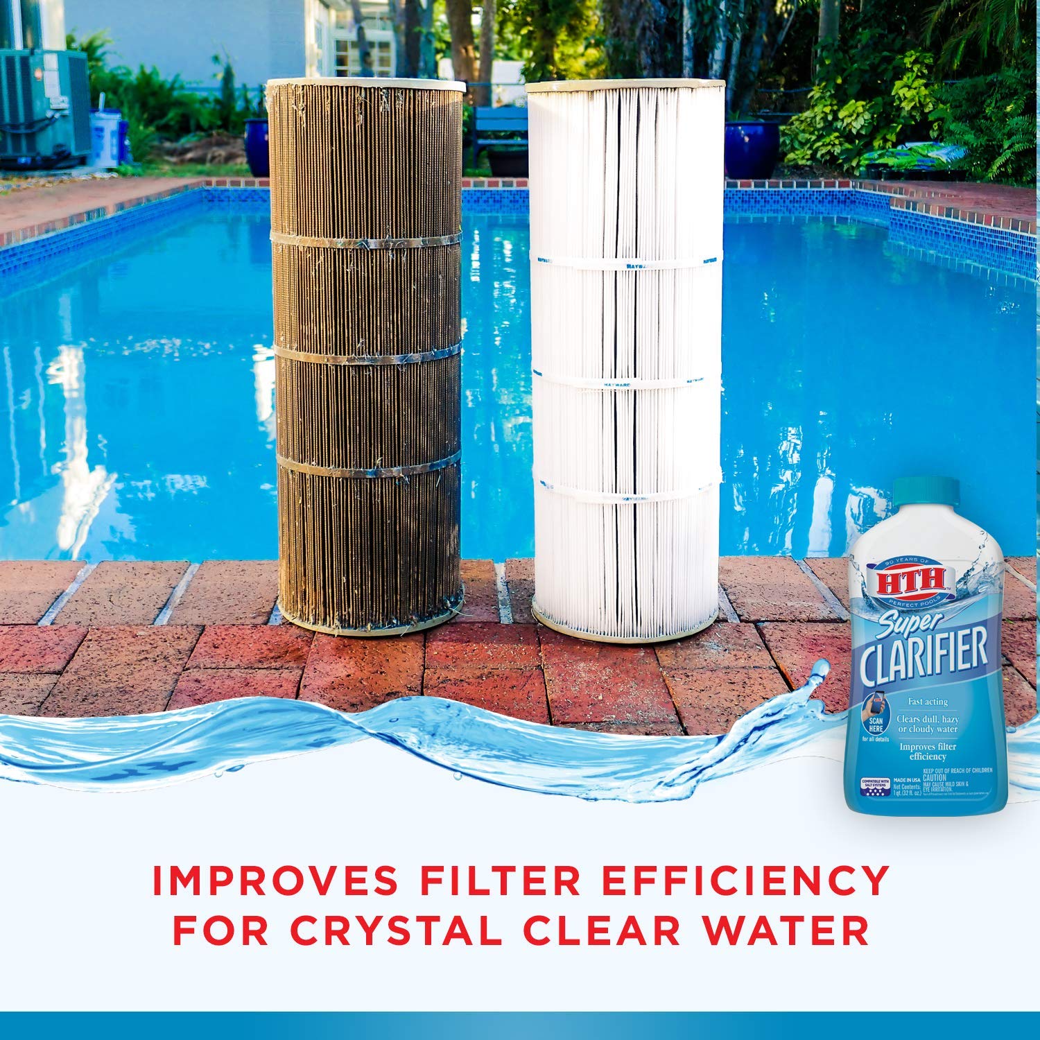 Pouring HTH Super Clarifier into pool water for quick clarity