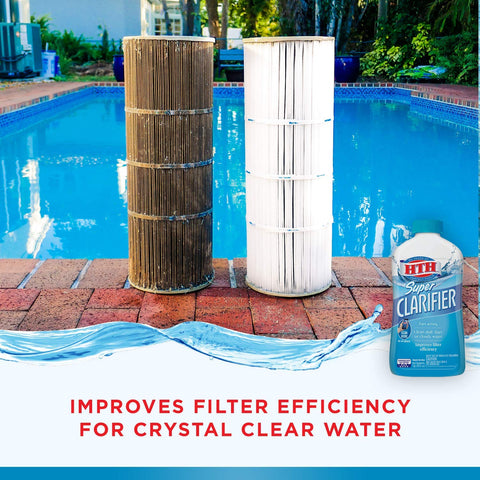 Pouring HTH Super Clarifier into pool water for quick clarity