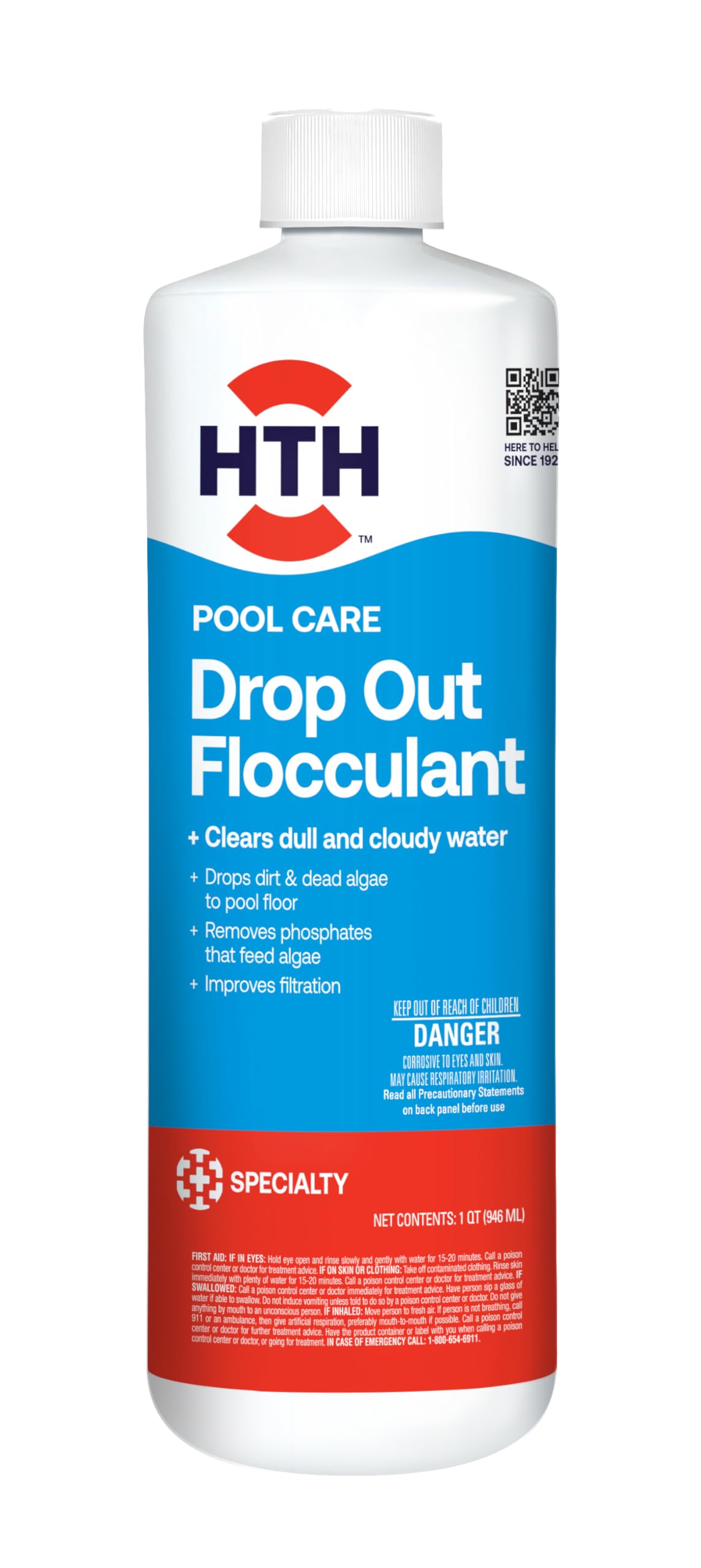 HTH Drop Out Flocculant 32oz bottle clears cloudy pool water and supports filtration.