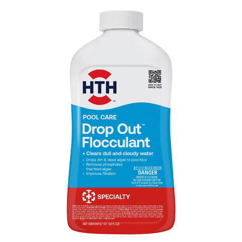 HTH Drop Out Flocculant bottle 1 qt helps clear cloudy pool water