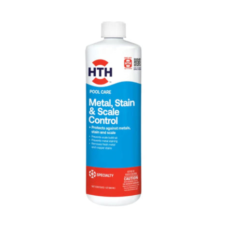 HTH Metal Stain Defense bottle 32oz for routine pool maintenance and stain prevention.