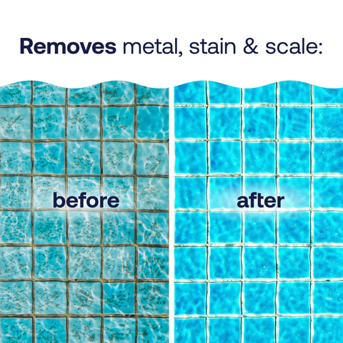 HTH Metal Stain Defense dissolves fresh metal stains for clearer pool water.