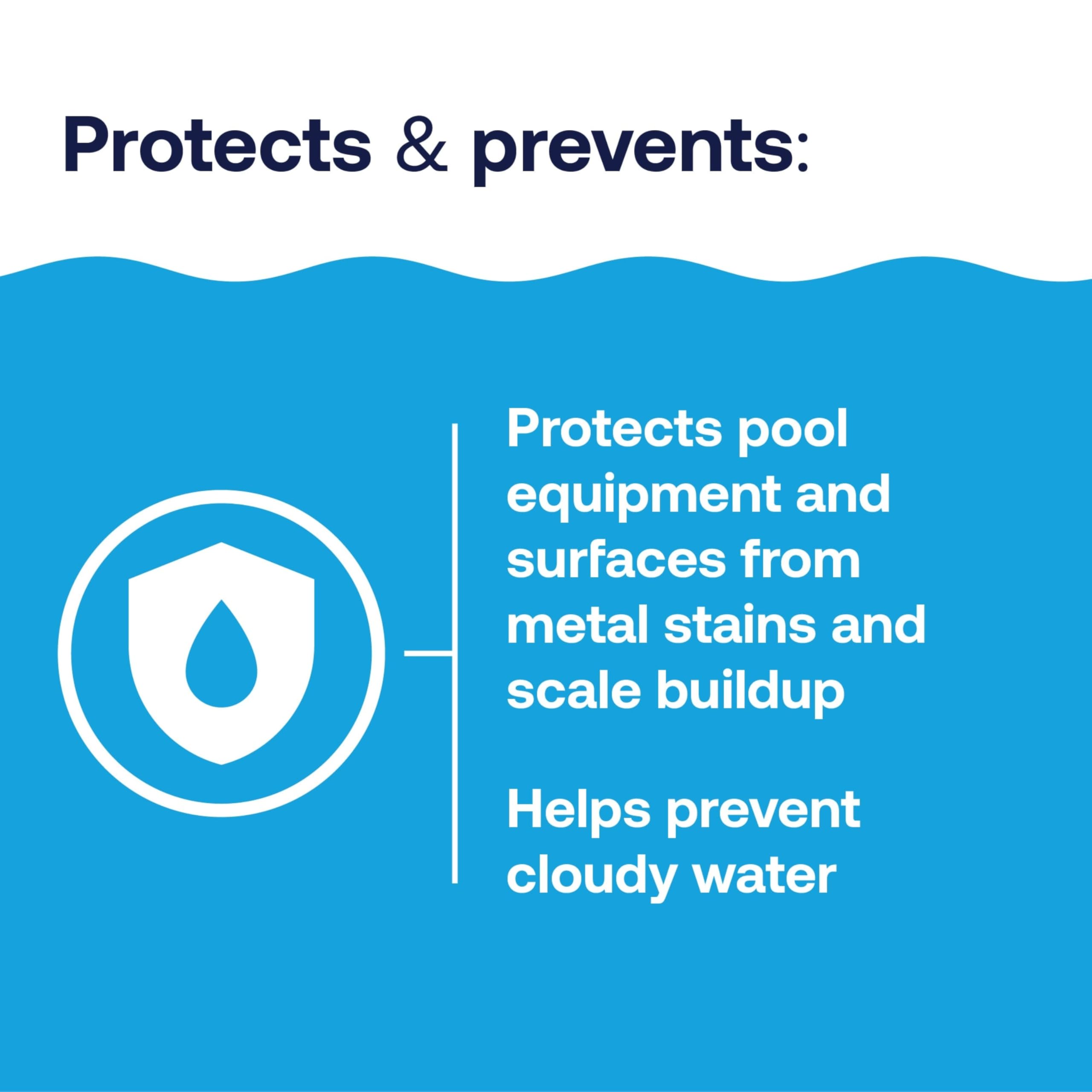 HTH Metal Stain Defense prevents mineral deposits and scale in pool systems.