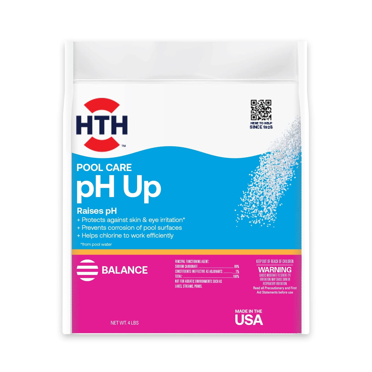 HTH pH Up bottle pouring to raise pool pH for balanced water.