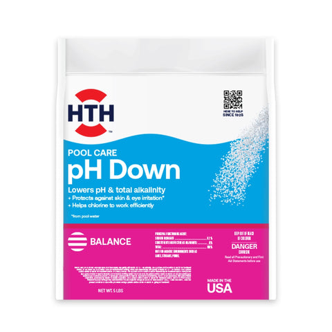 HTH pH Down bottle close-up for easy pH adjustment and clearer water.