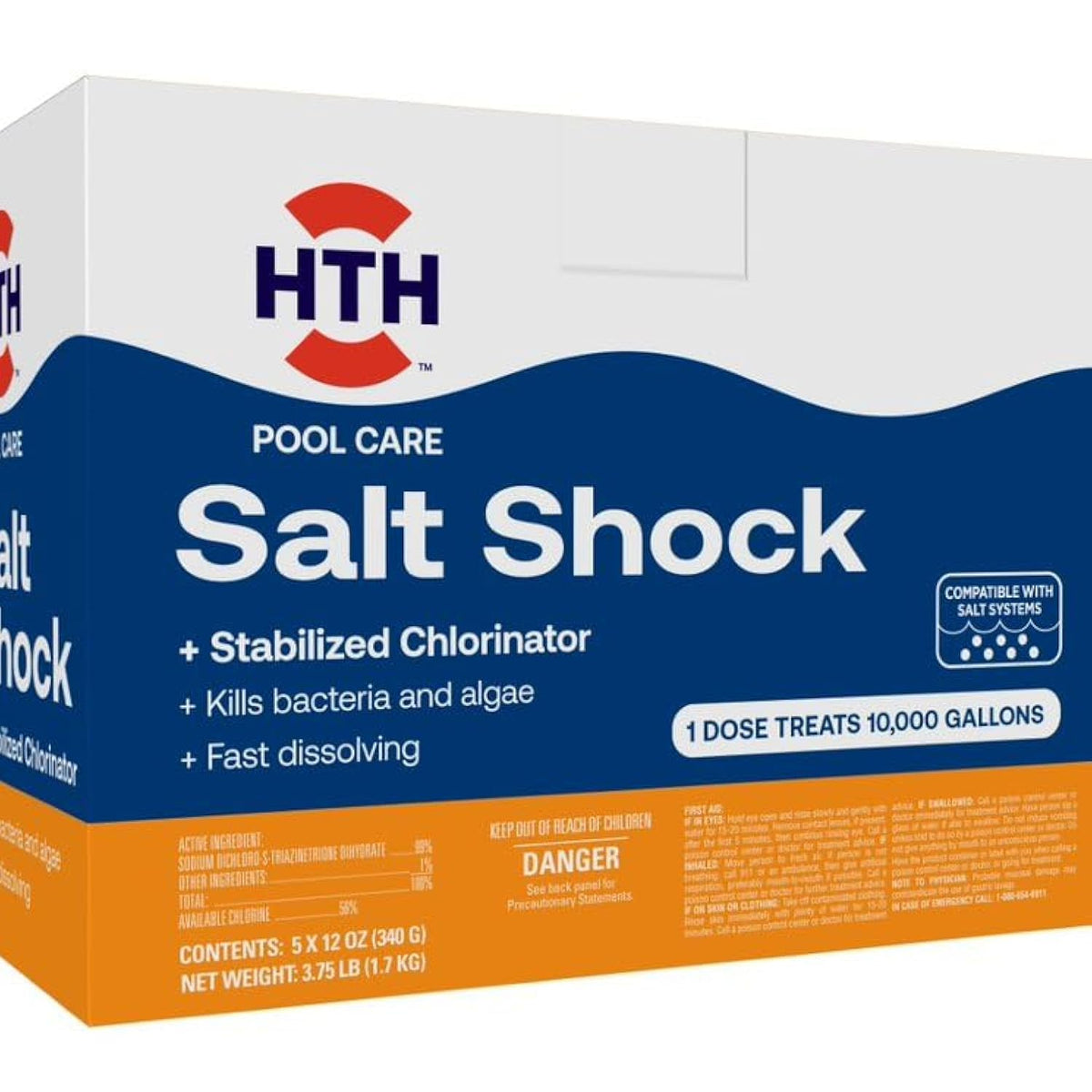 HTH Salt Shock packets packaging shown for easy 10,000 gallon dosing.