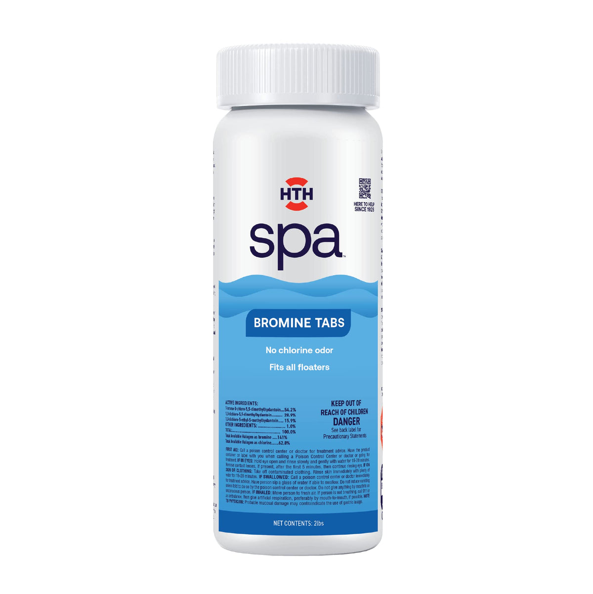 HTH Spa Bromine Tabs bottle close-up for easy spa sanitizing