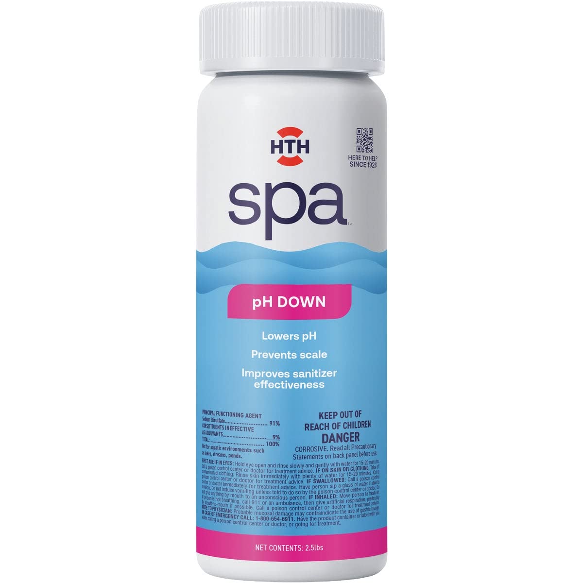 HTH Spa pH Down bottle lowers spa pH for clearer water and better sanitizer performance.