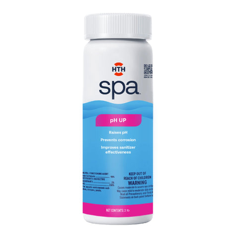 HTH Spa pH Up bottle label balances spa water for clearer soaks.