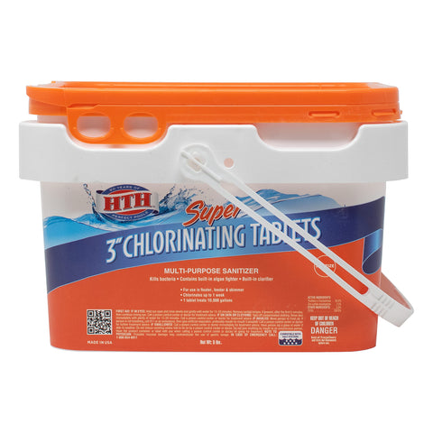 HTH Super 3-inch chlorinating tablets bottle for DIY pool sanitizing