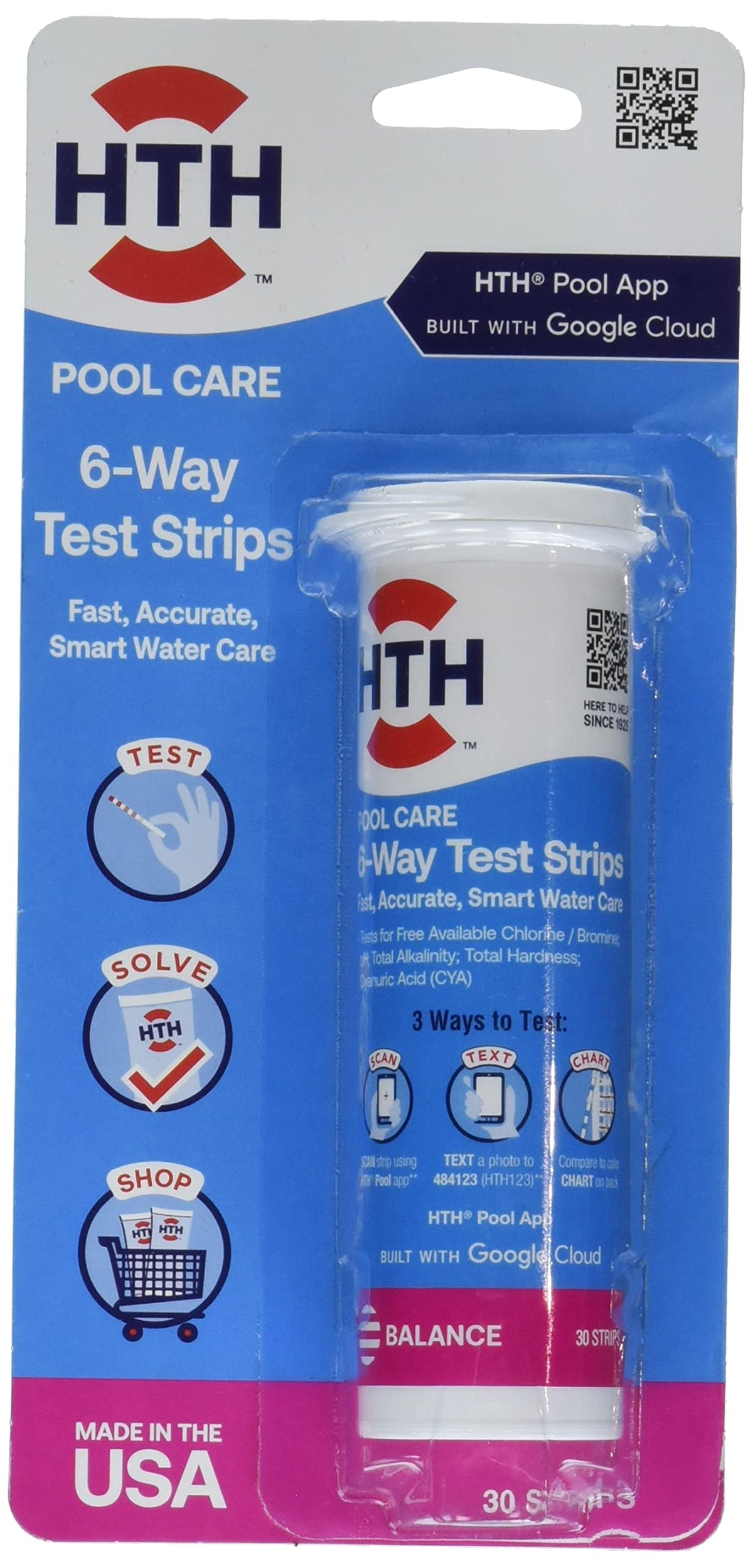 HTH Test to Swim 6-Way strip pack for quick, accurate pool chemical readings.