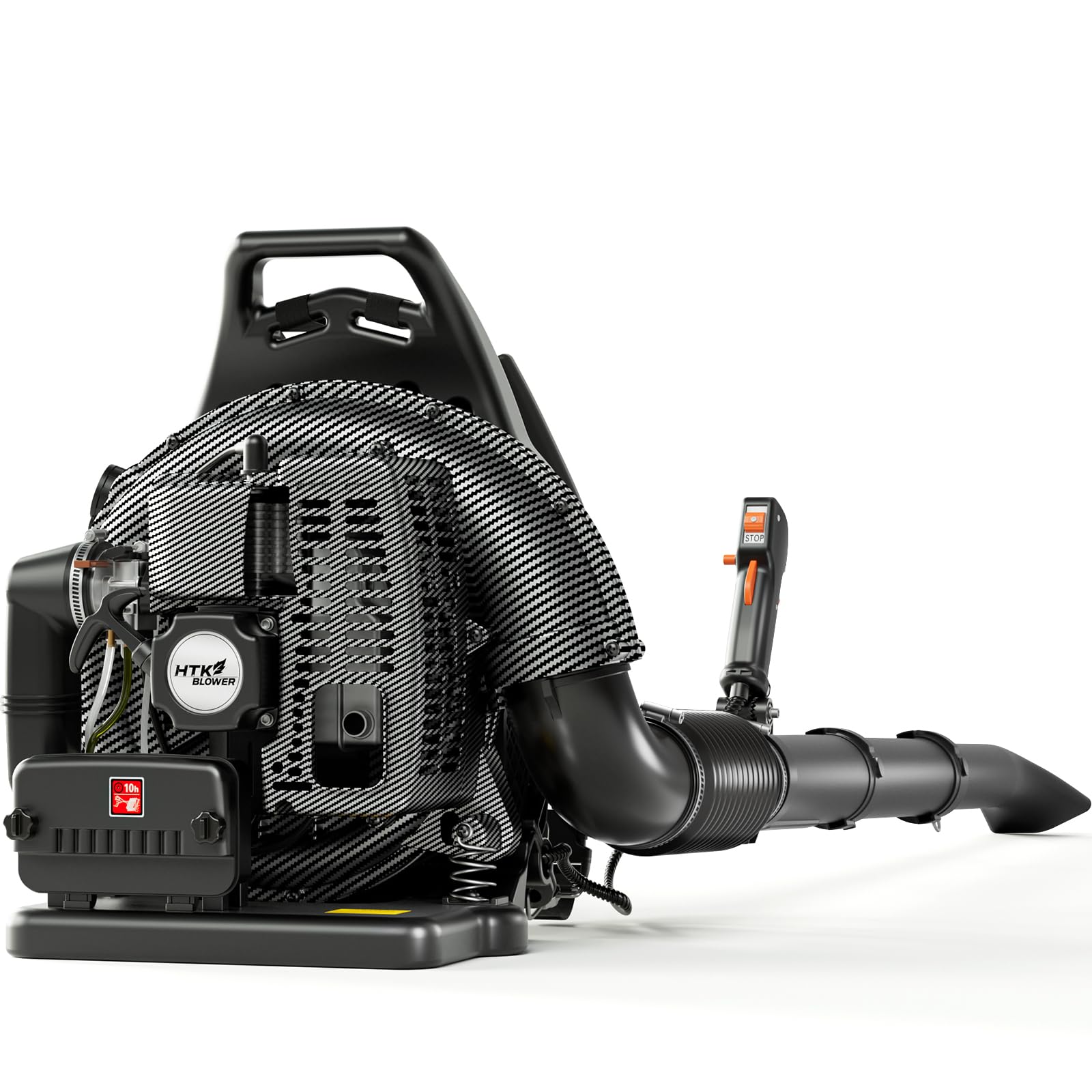 HTK backpack blower with 63cc engine powering heavy-duty yard work