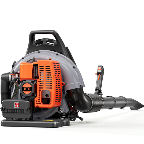 HTK Backpack Blower engine close-up shows 63cc power for efficient yard cleanup