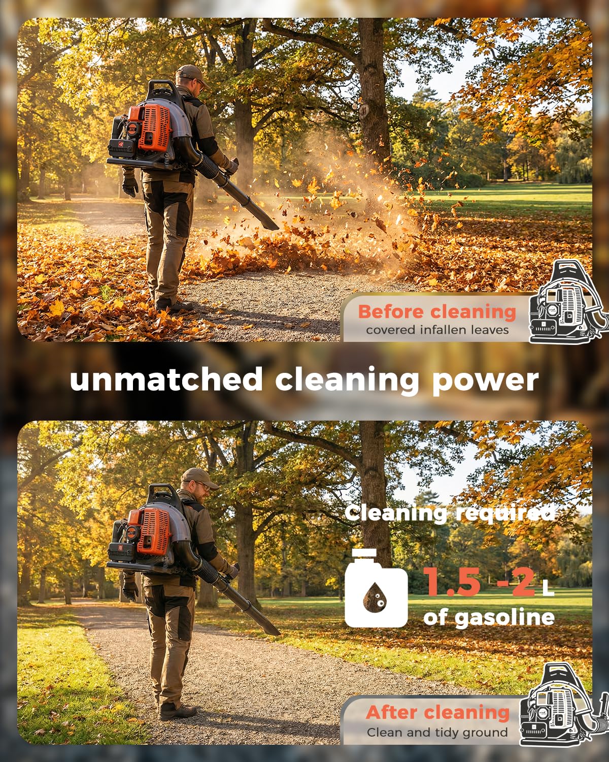 HTK Backpack Blower large debris clearing in yard context shows efficiency