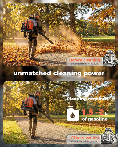HTK Backpack Blower large debris clearing in yard context shows efficiency