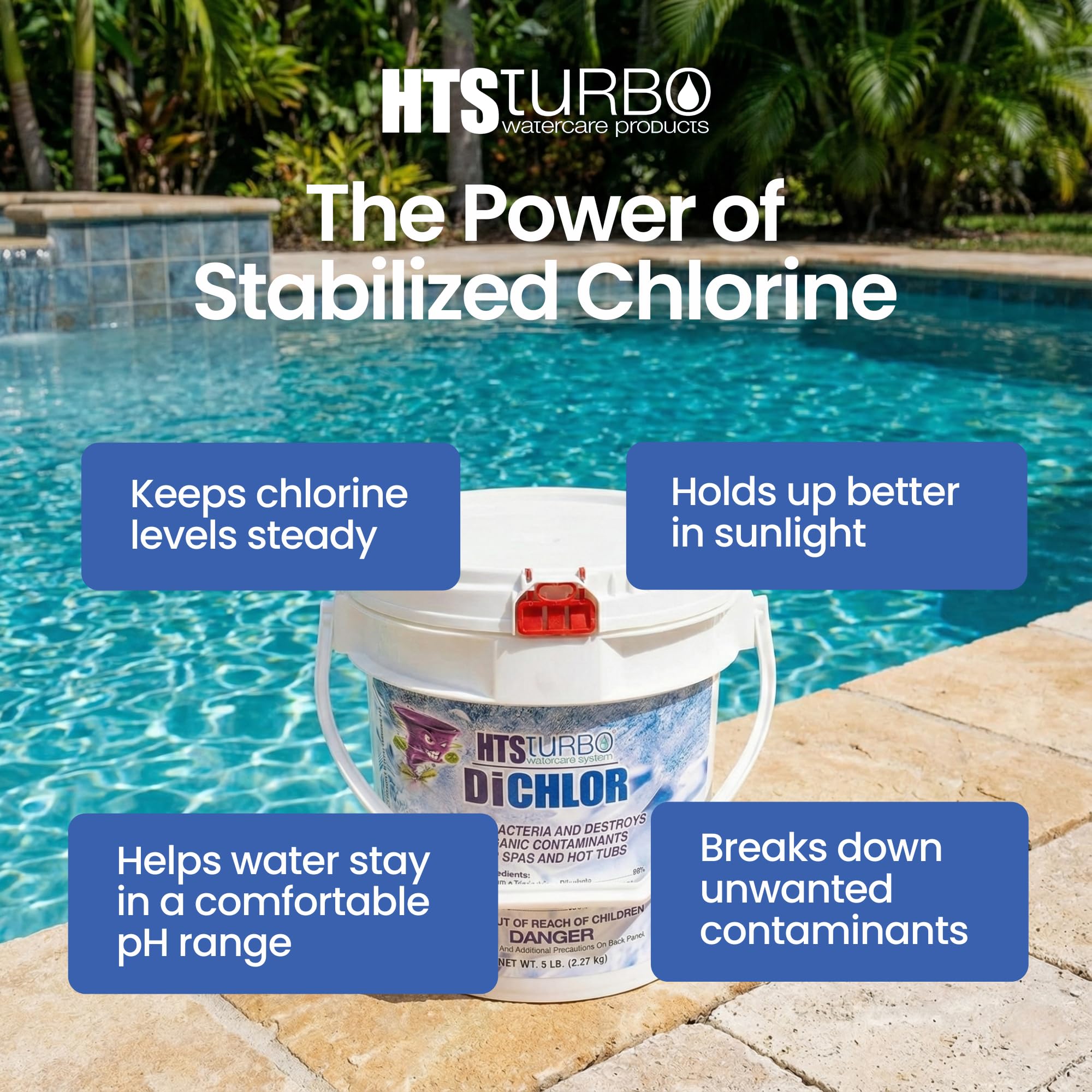 HTS Turbo chlorine granules in a 5 lb bucket ready for pool or spa maintenance.