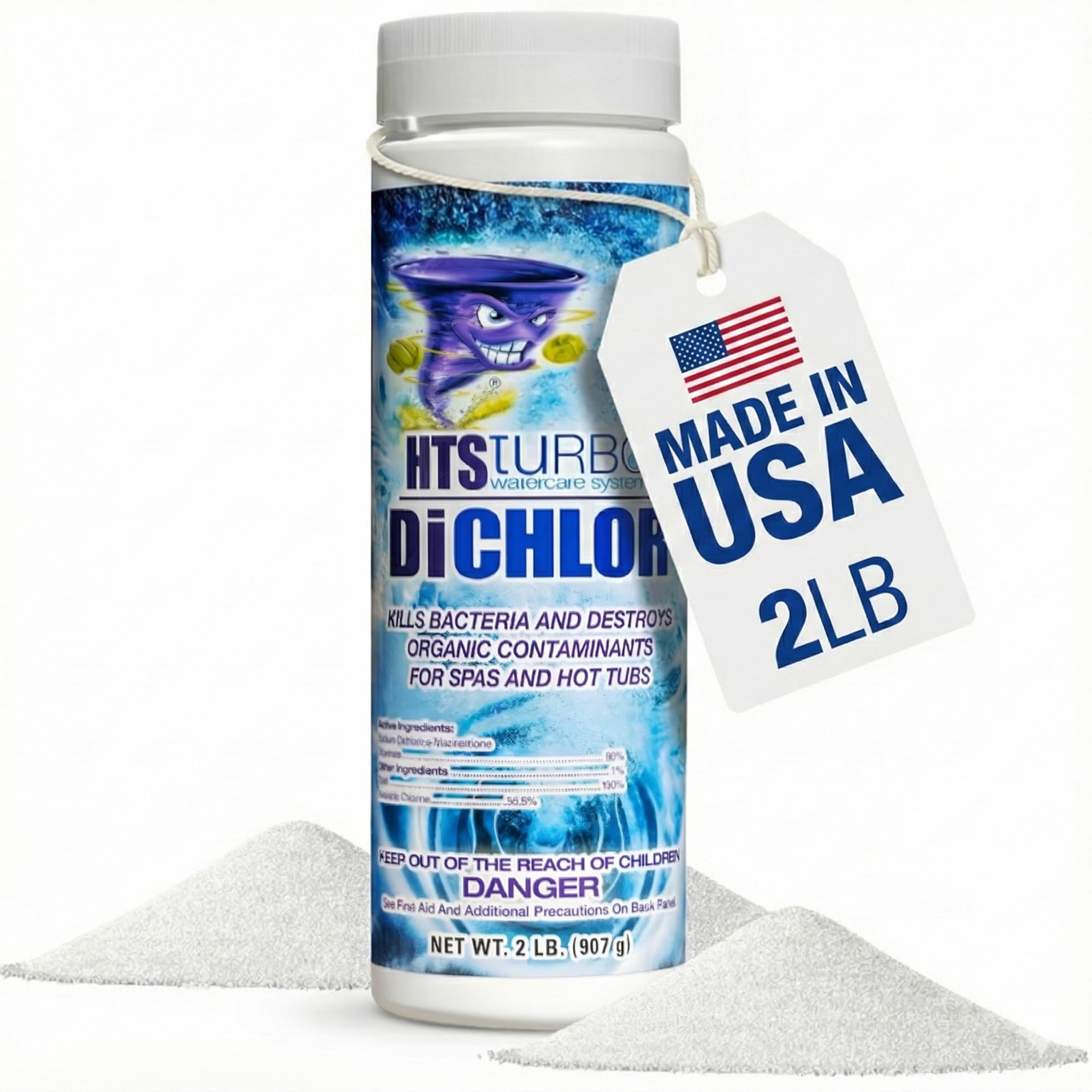 HTS Turbo dichlor granules in bottle for reliable spa sanitation.
