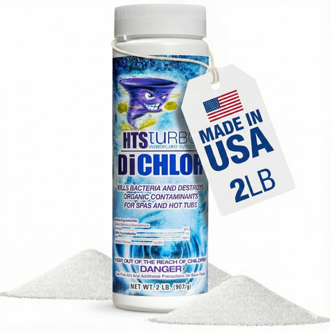 HTS Turbo dichlor granules in bottle for reliable spa sanitation.