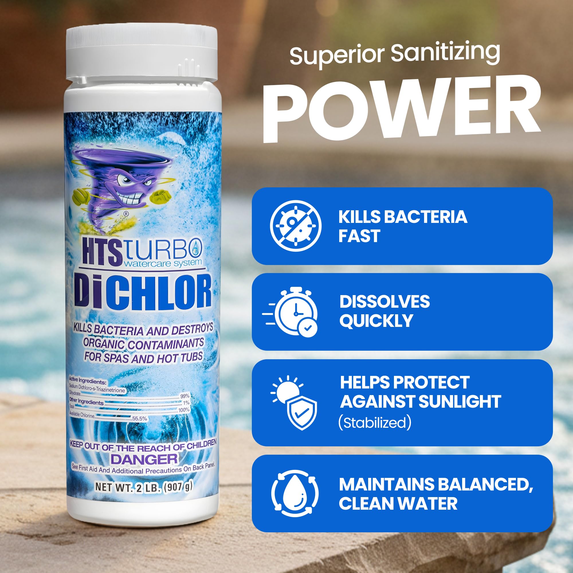 HTS Turbo fast-dissolving granules for quick spa sanitization.