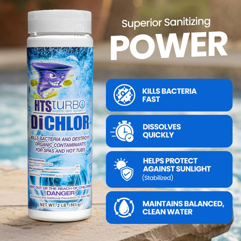 HTS Turbo fast-dissolving granules for quick spa sanitization.