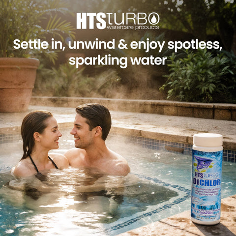 HTS Turbo stabilized chlorine protects spa water from sunlight for outdoor use.