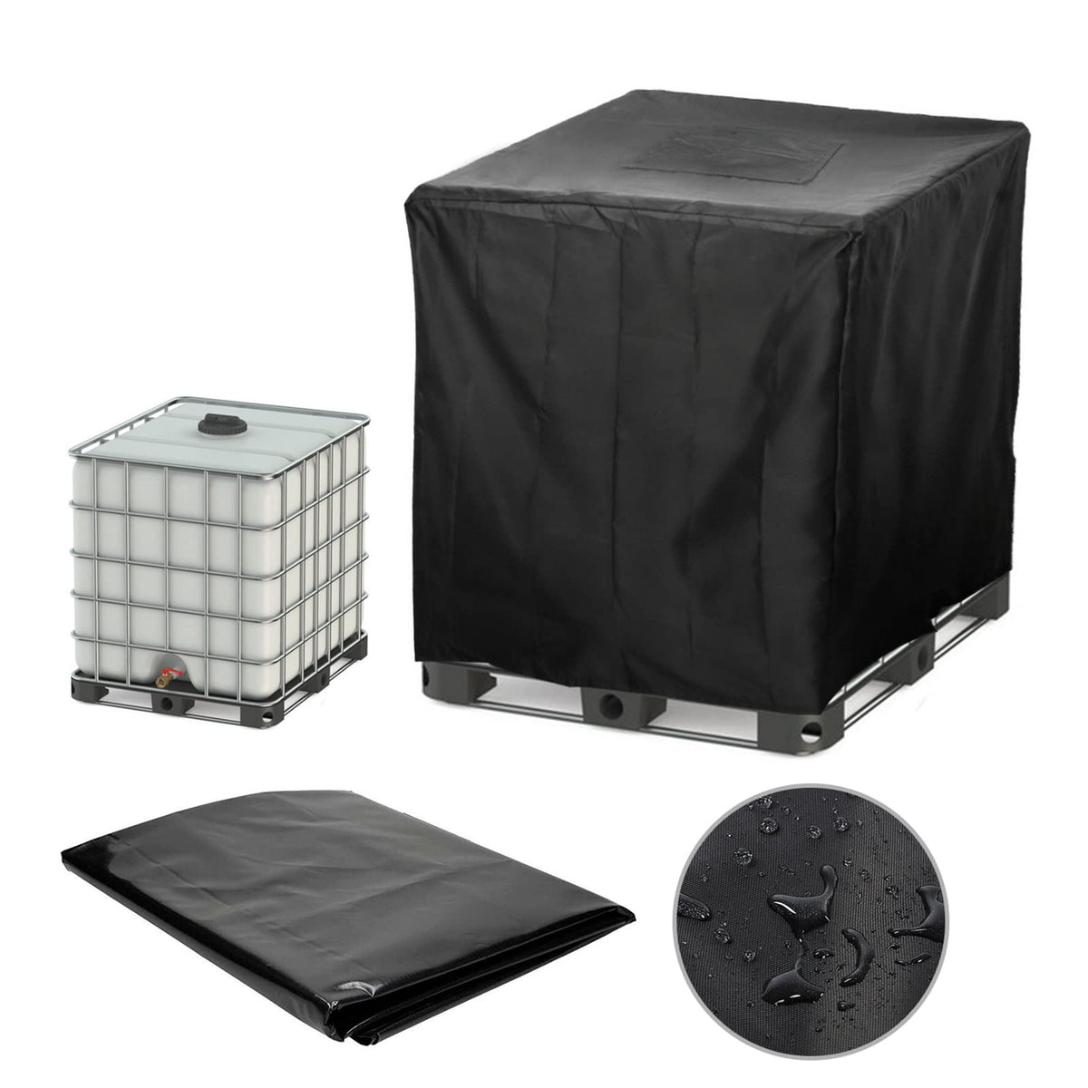Huapate tote cover top view protects a 275-gallon tote from debris and sun.