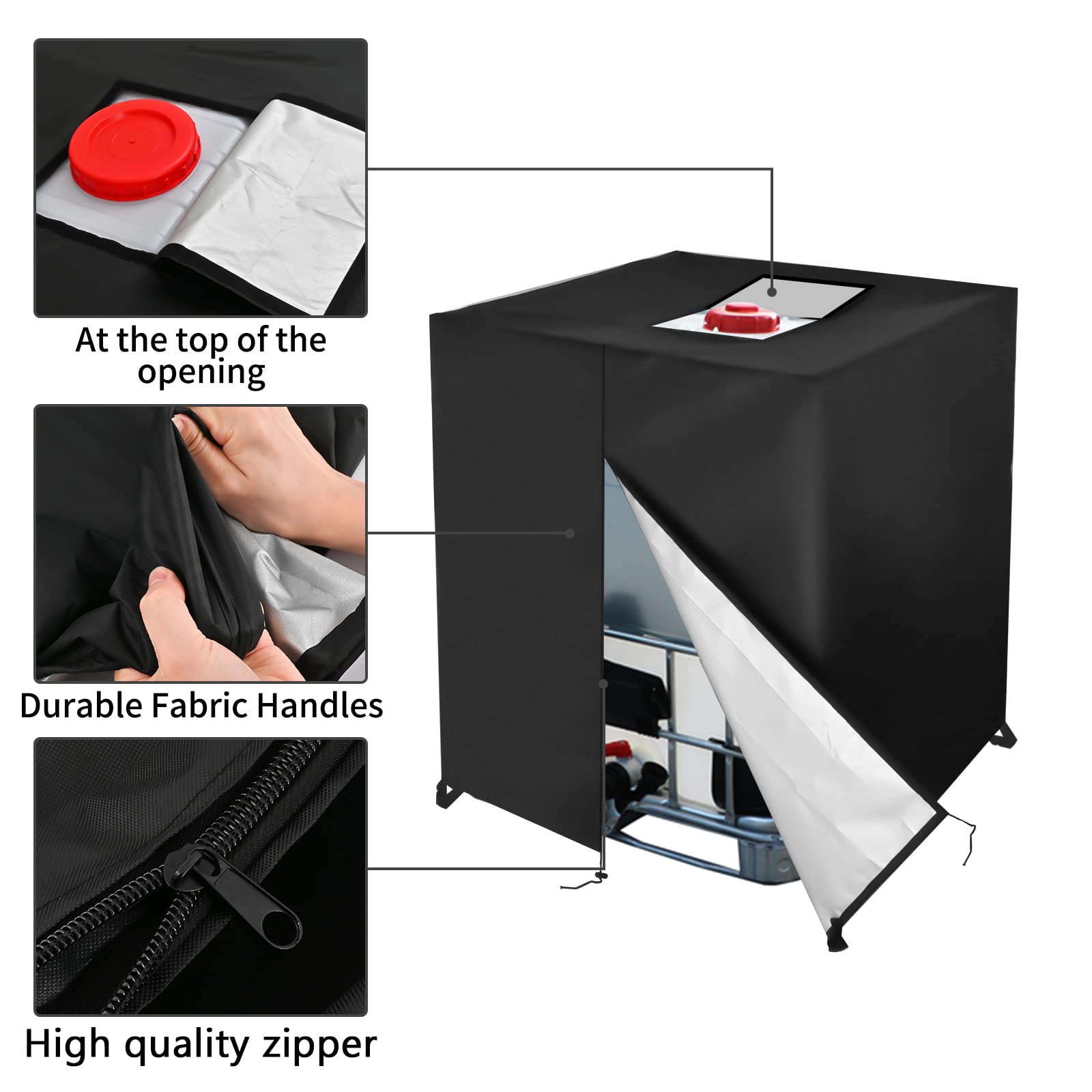 Huapate tote cover fitted on a 275 gallon tote outdoors for rain shielding