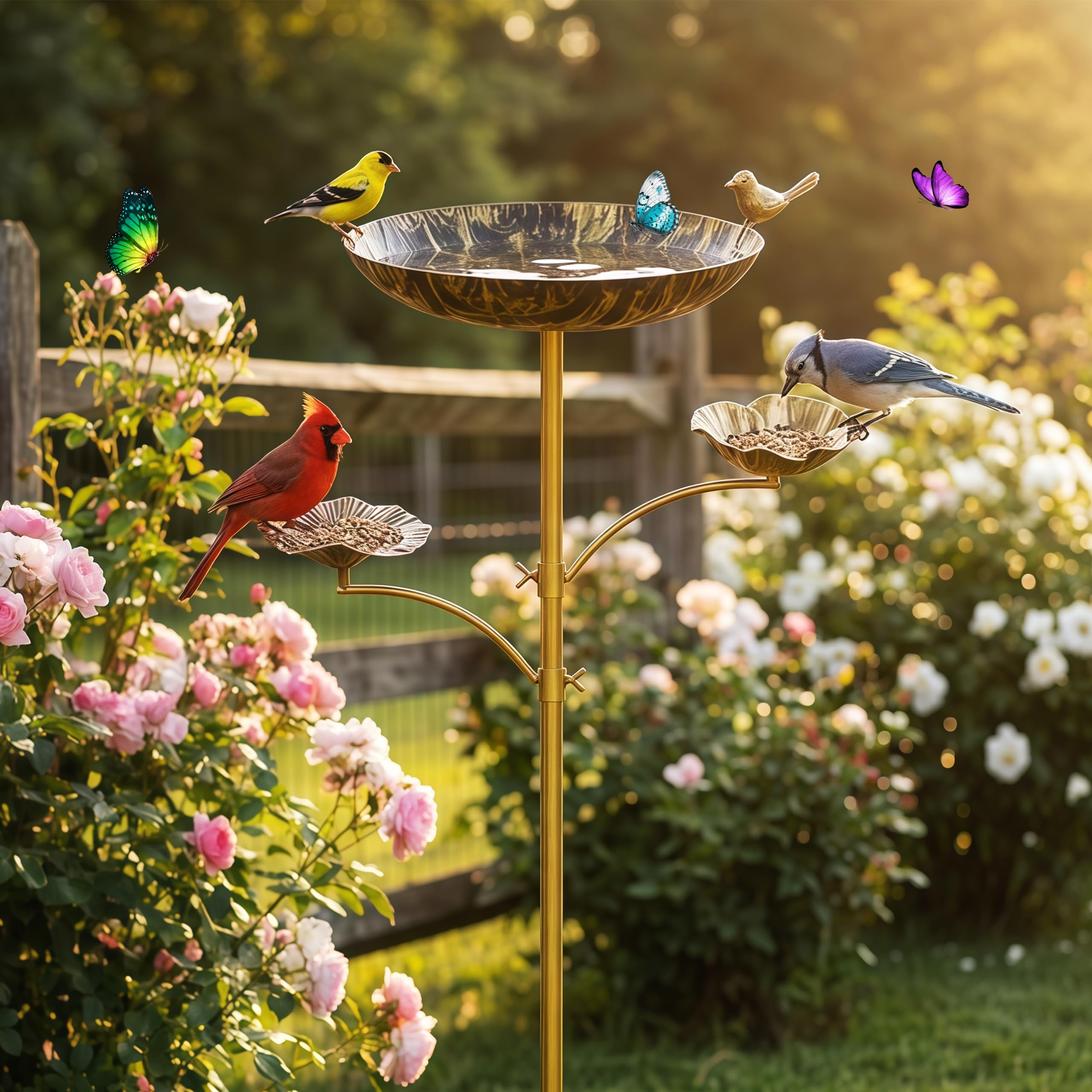 HUFAND birds using bath and feeder for a lively outdoor scene