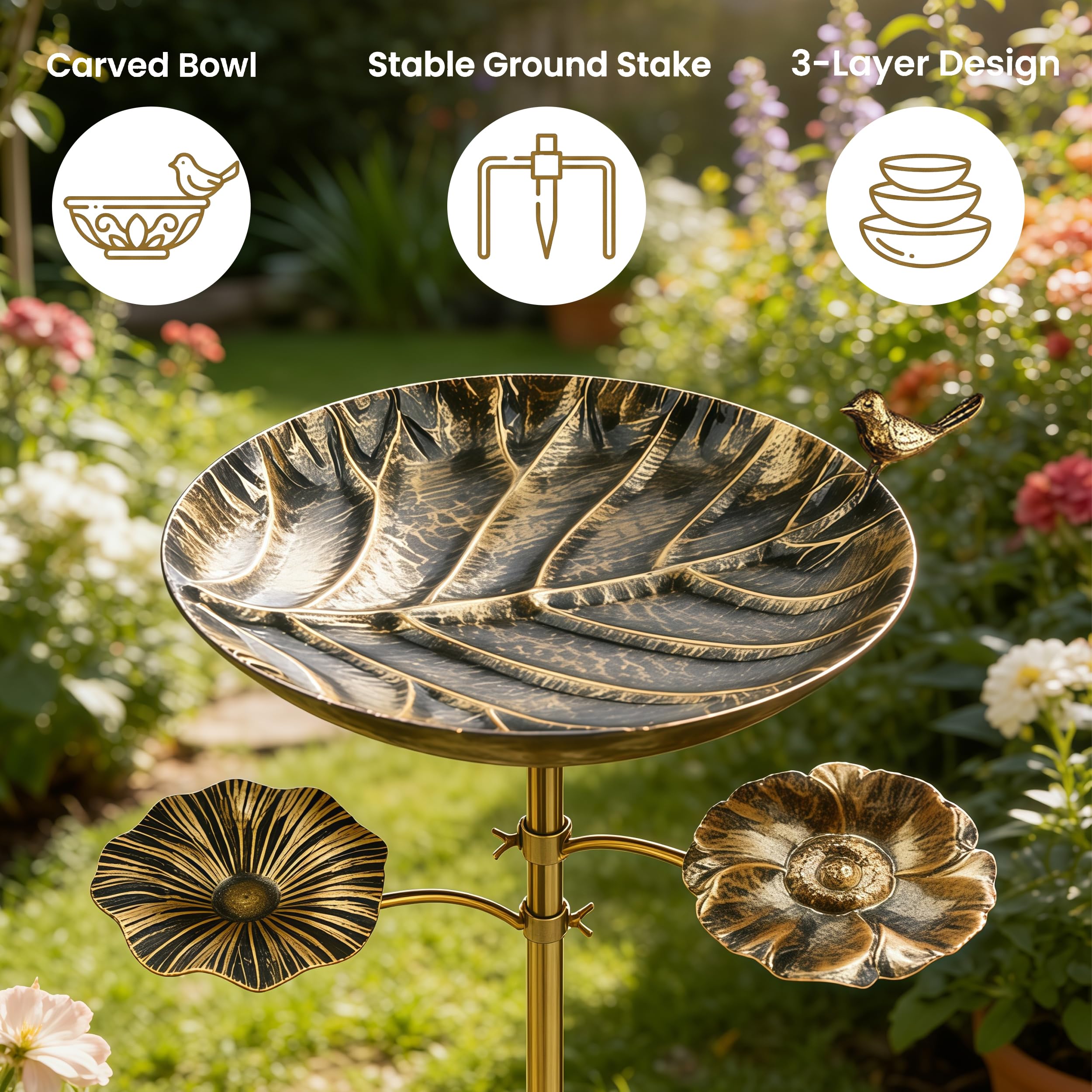 HUFAND triple bowl bird bath side bowl right highlights accessible water and meal spots