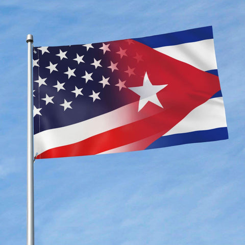 HUFURI flag with vivid color print showcasing Cuba and USA imagery.