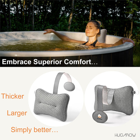 HUGABOW large hot tub pillow side view secured by extended straps for universal fit