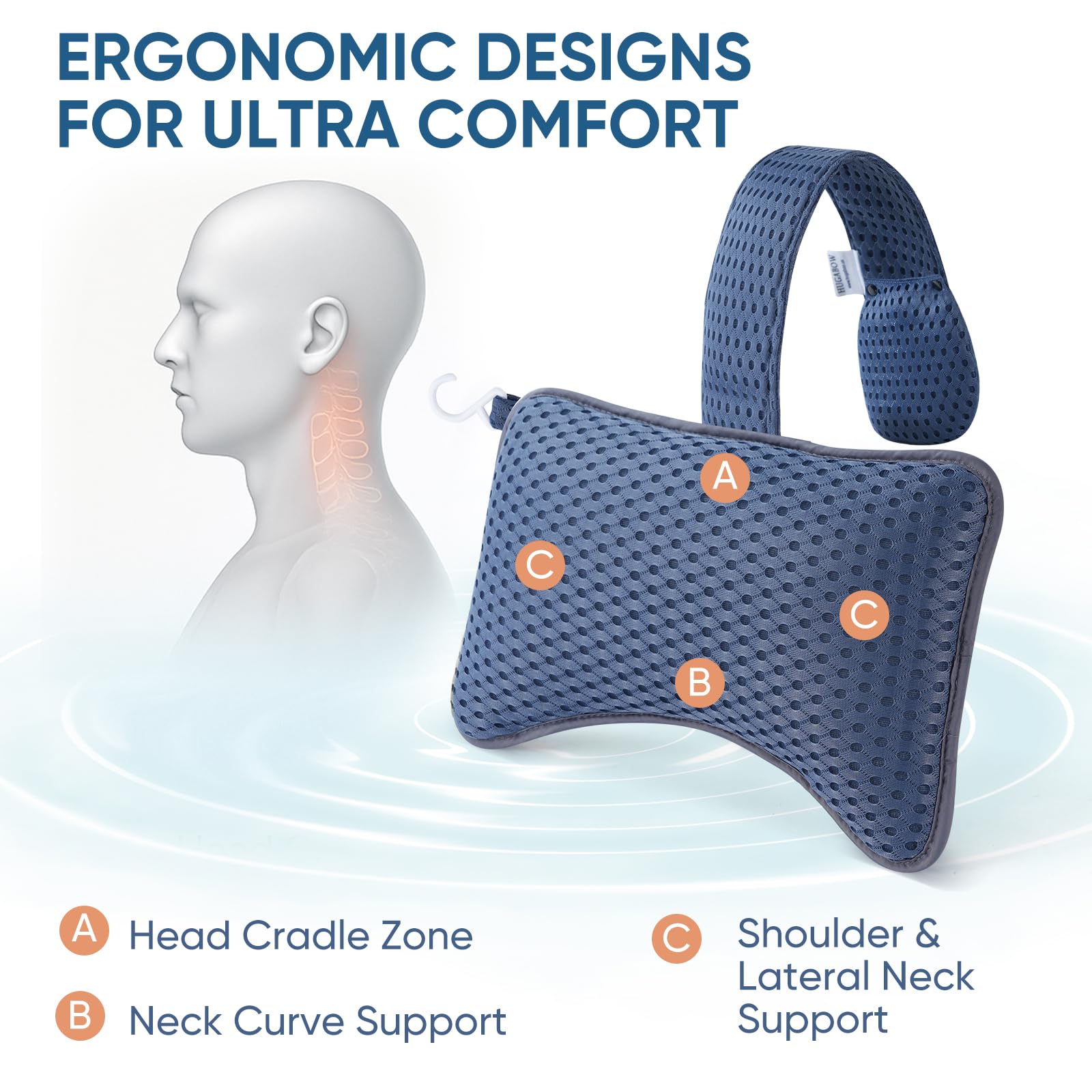 Hugabow long strap helps height-adjust and secure the pillow