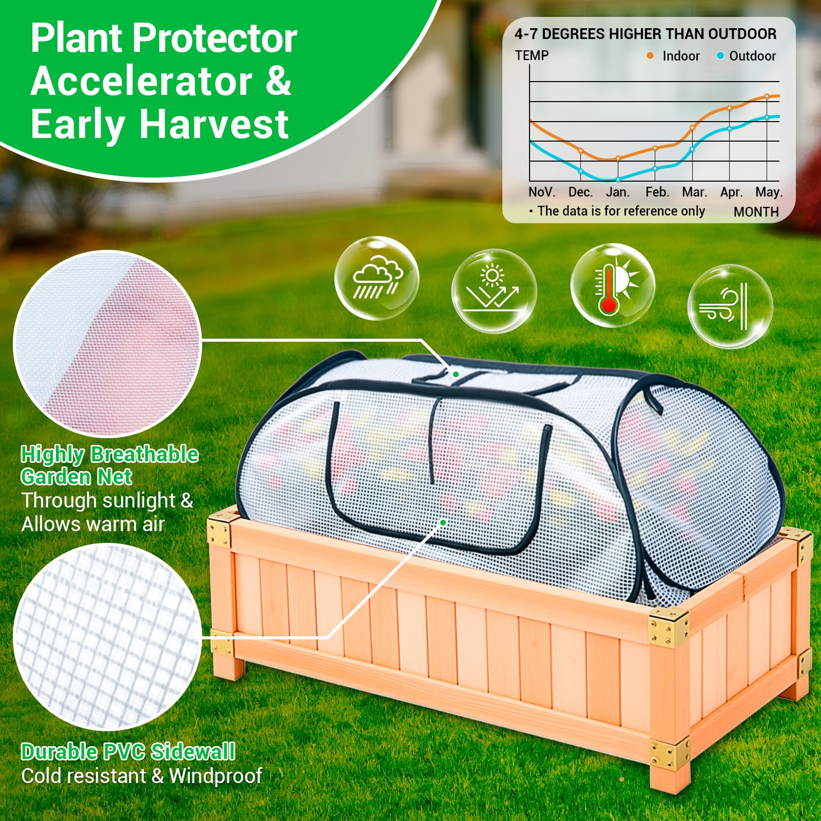 Hugbow pop-up raised bed cover in use for quick, tool-free installation.