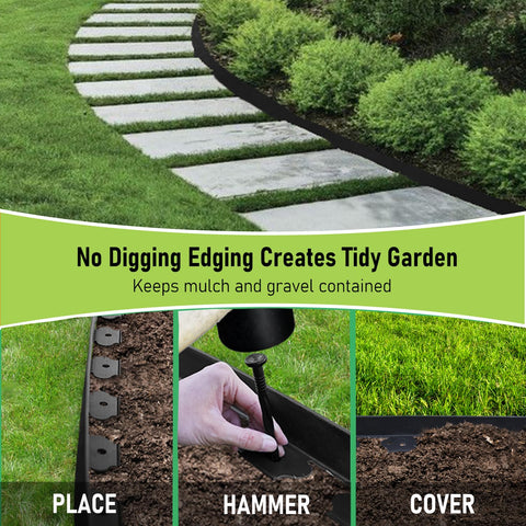 Lawn border keeps mulch, soil, and gravel contained around beds.