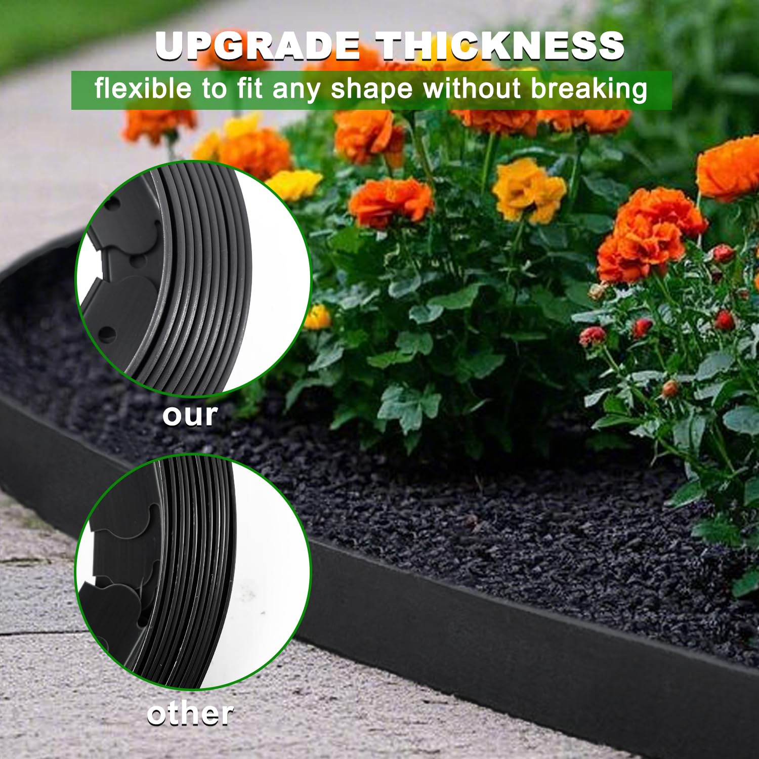 Hugeleaf garden bed edge border separates flower beds from lawn neatly.
