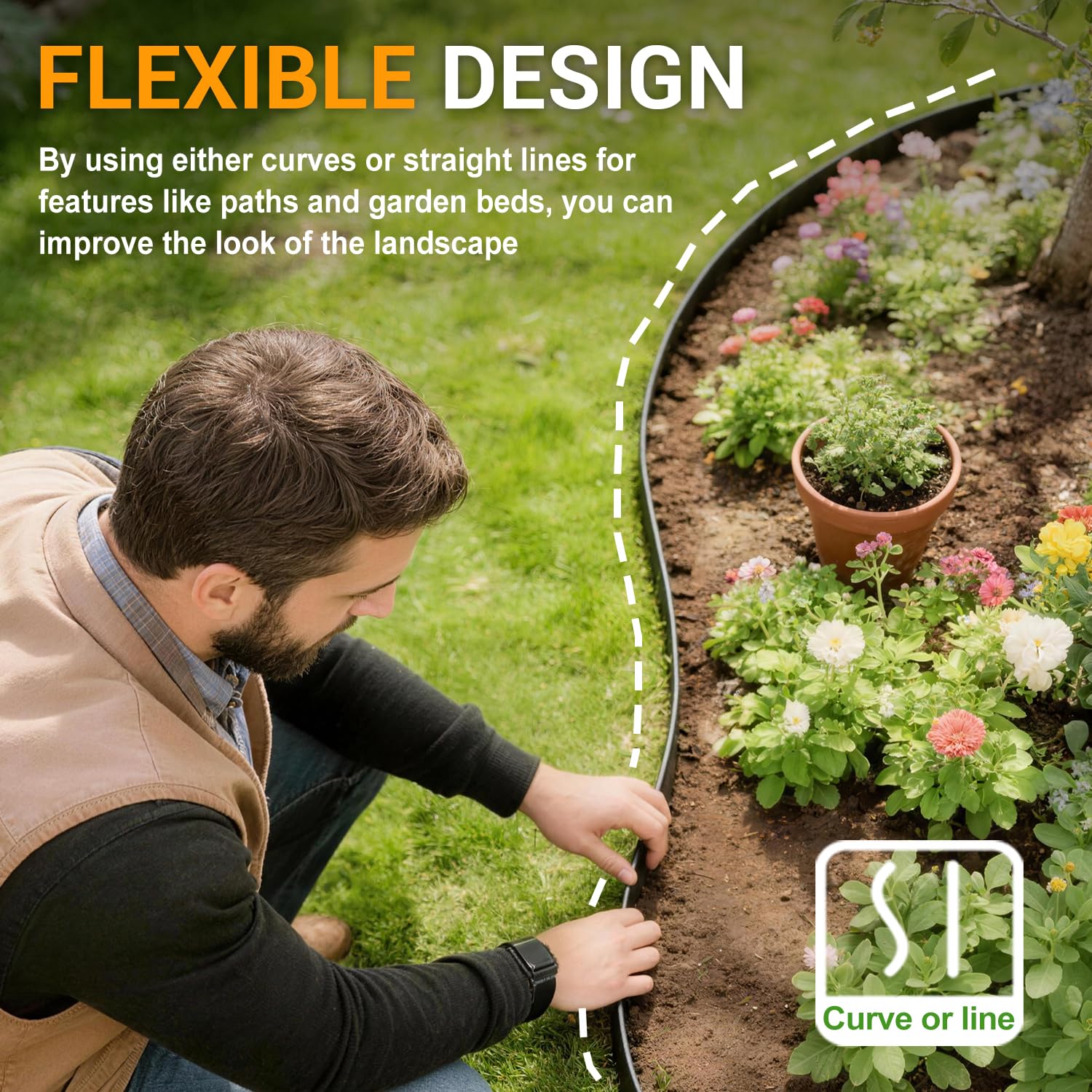 Hugeleaf border defines pathways and mulch beds with a crisp lawn edge.
