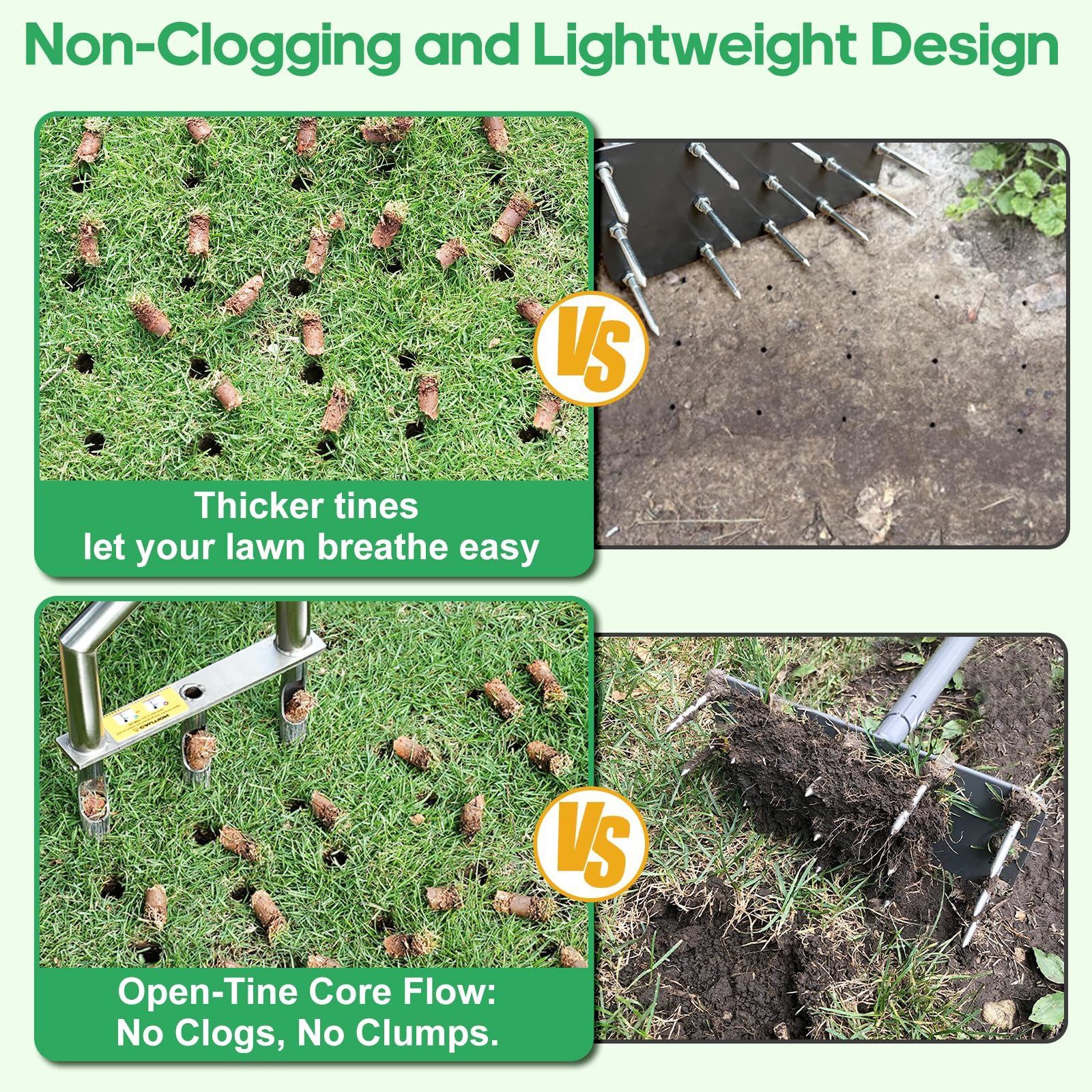 hugeneroy three-tine aerator delivering consistent cores across soil