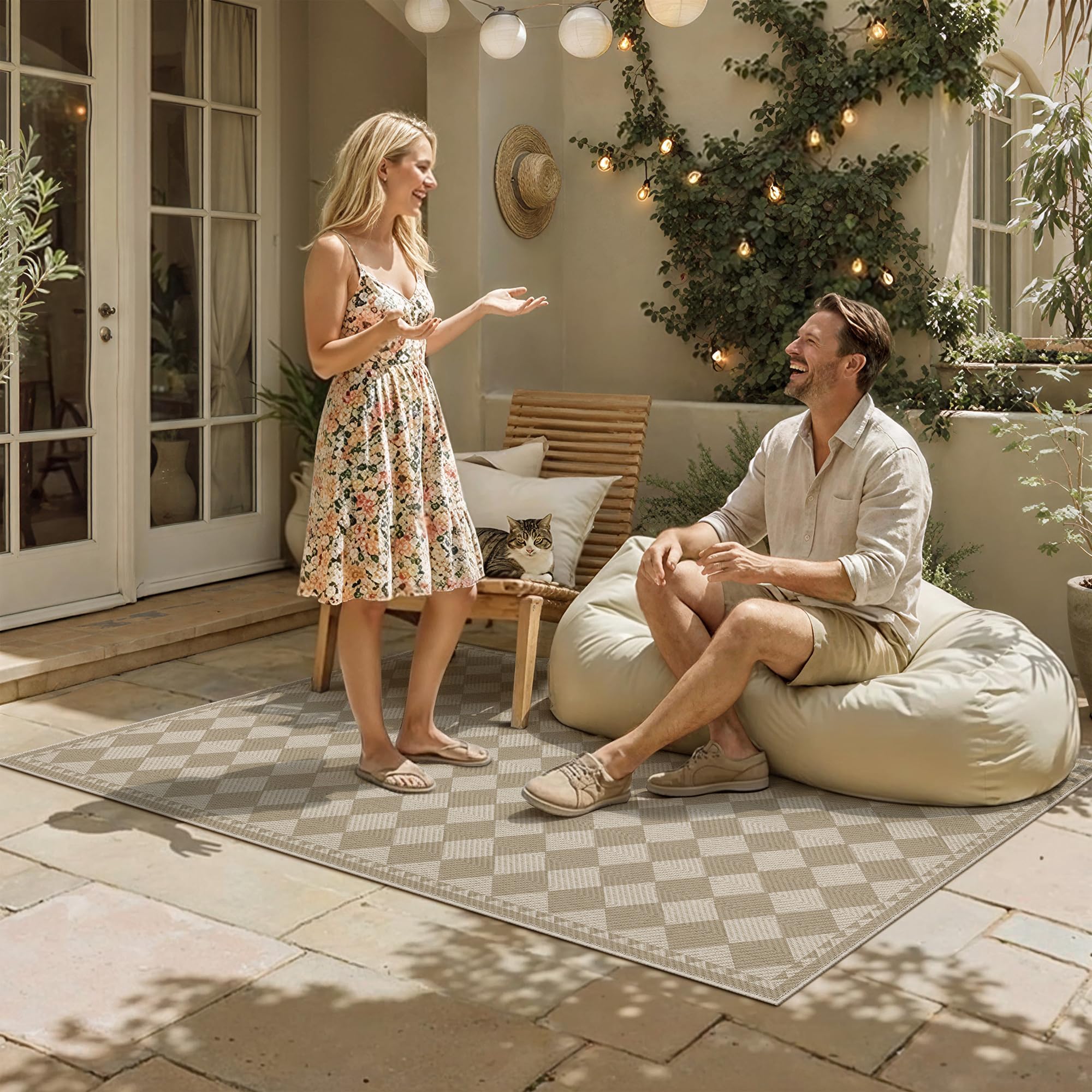 HUGEAR 3x5 outdoor rug in brown-beige checkered for durable patio style