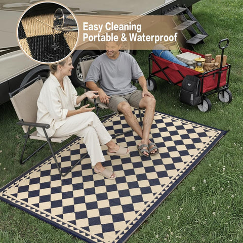 HUGEAR rug placed on an RV deck during camping.